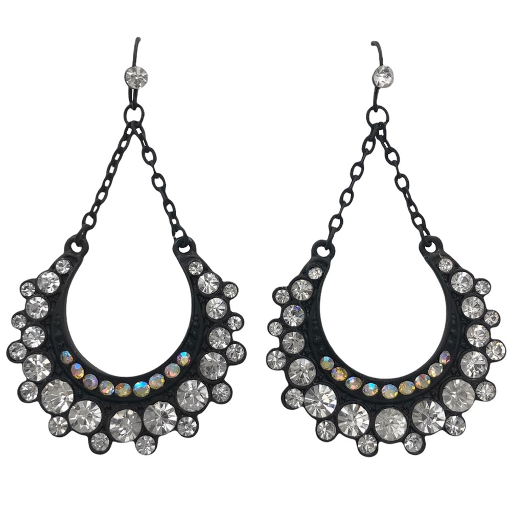Clear & AB Iridescent Rhinestone Teardrop Formal Fancy Black Dangle Earrings